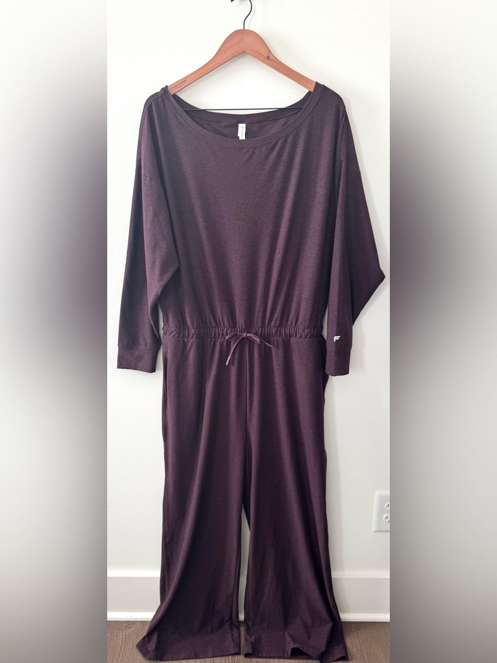 Fabletics L Cloud Jersey Off Shoulder Onesie Jumpsuit Oxblood Heather Wide Leg